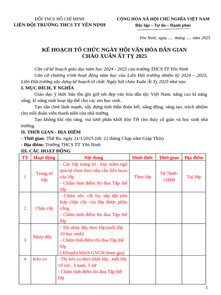 THCS TTYN - KẾ HOẠCH NGÀY HỘI TẾT 2025 | PDF