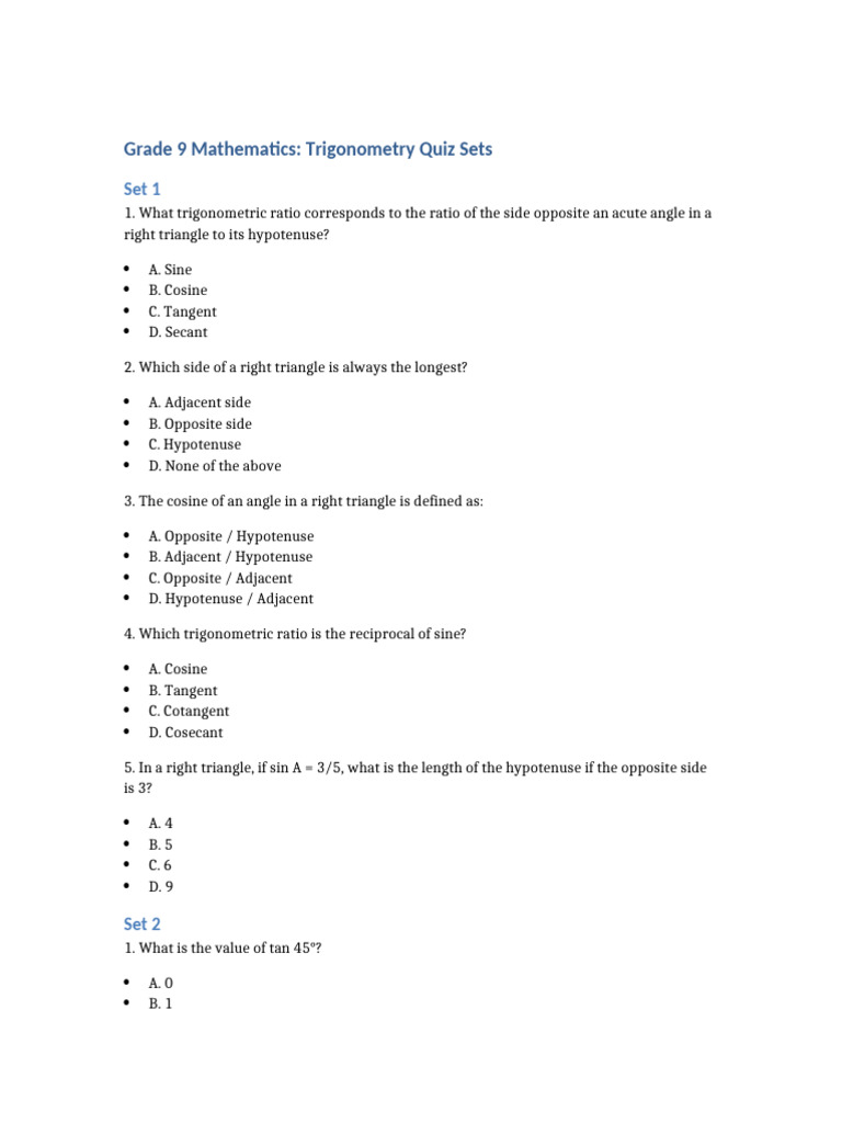 Grade 9 Trigonometry Quiz | PDF