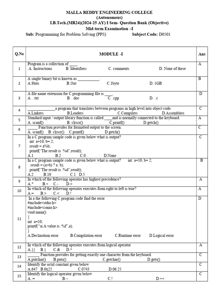 C Programming Mid-term Question Bank | PDF | Integer (Computer Science ...