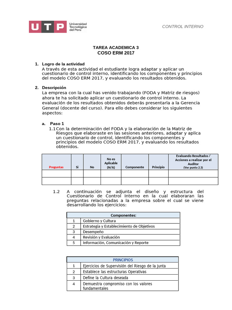 Cuestionario de Control Interno COSO ERM | PDF | Análisis FODA ...