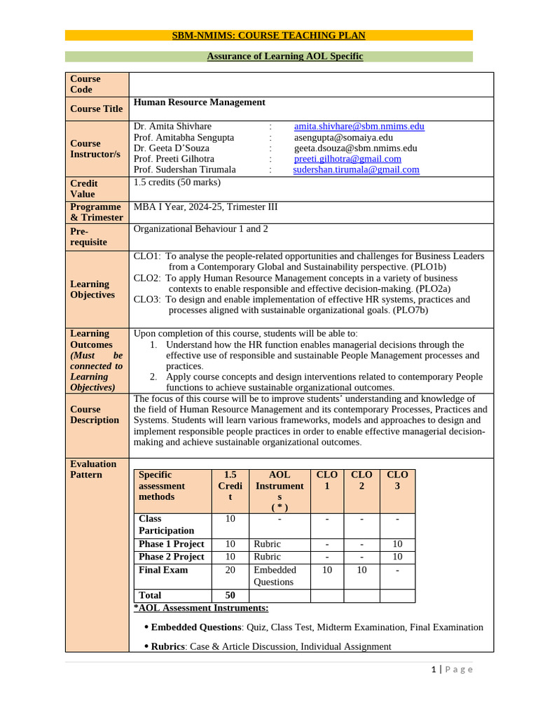 Human Resource Management Course Plan | PDF | Recruitment | Human ...