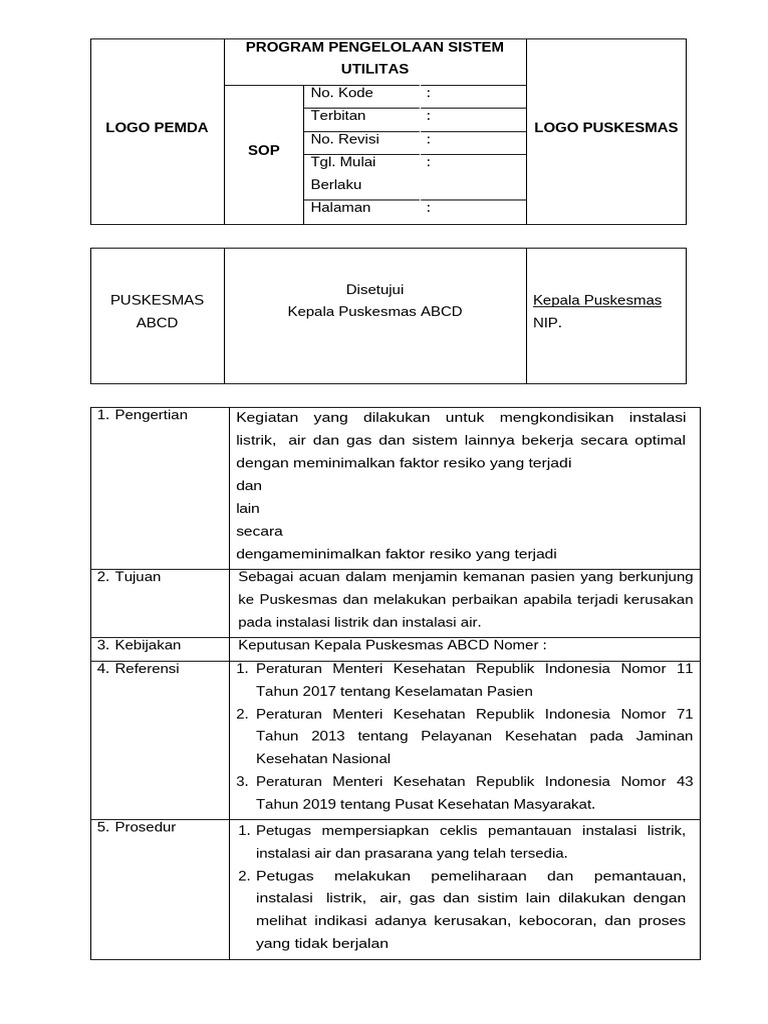 SOP Pemeliharaan Sistem Utilitas Puskesmas | PDF