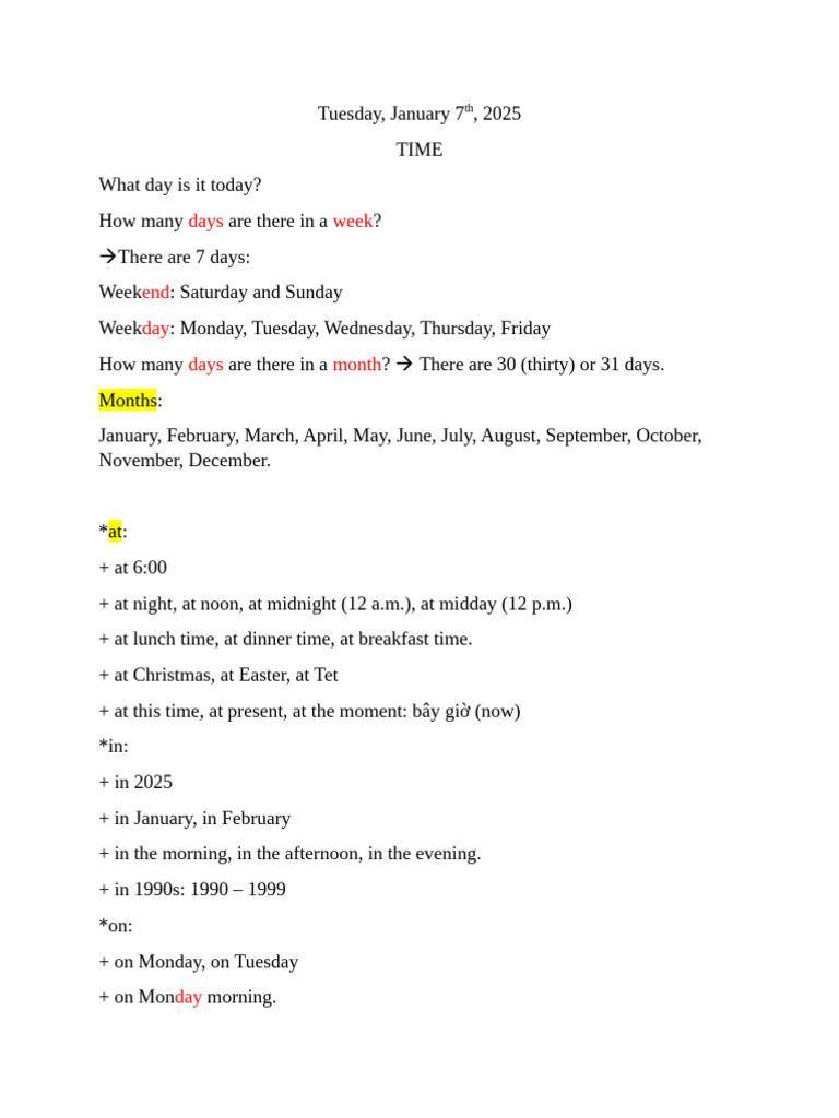 Days and Time Expressions Guide | PDF