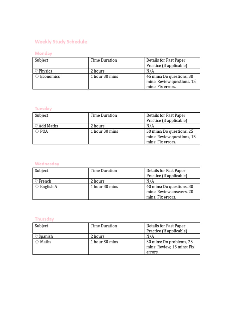 Weekly Study Schedule by Subject | PDF