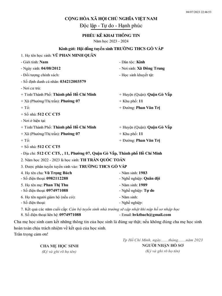Phieu Thong Tin Hoc Sinh | PDF