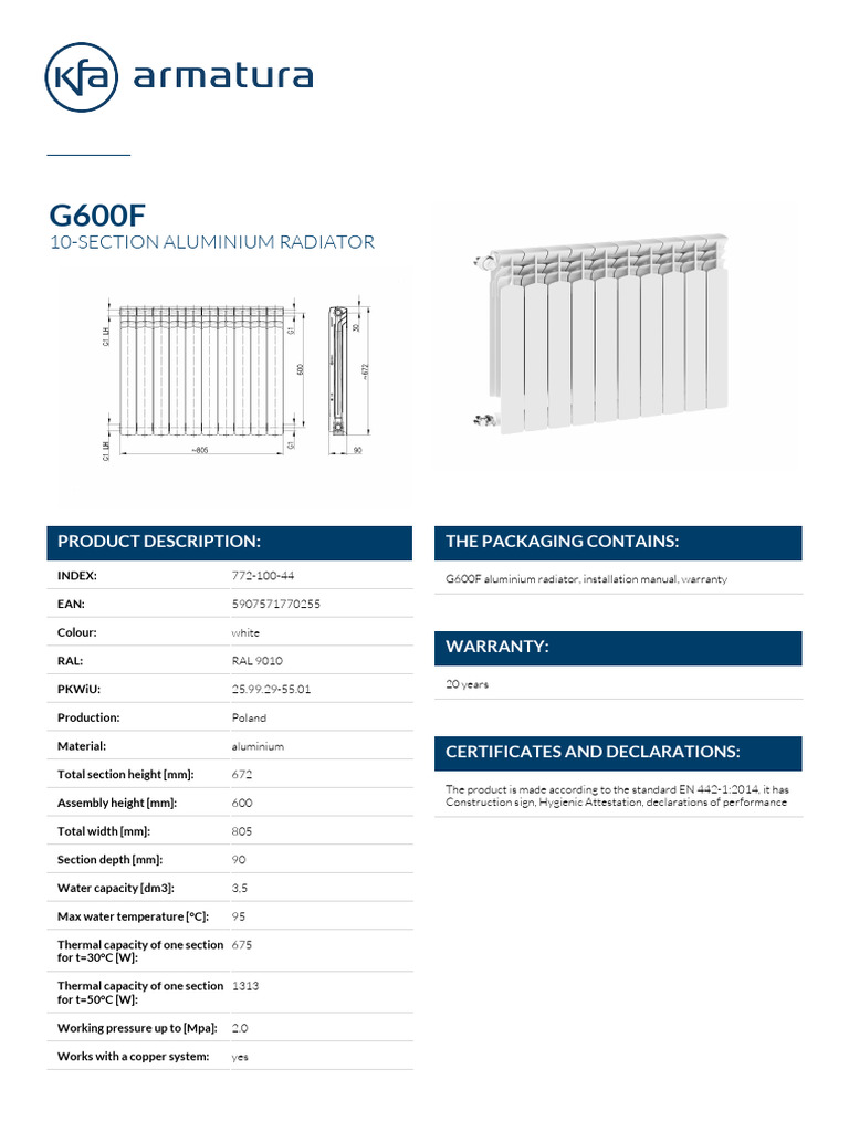 Product Sheet G600F 10 Section Aluminium Radiator 772 100 44 | PDF