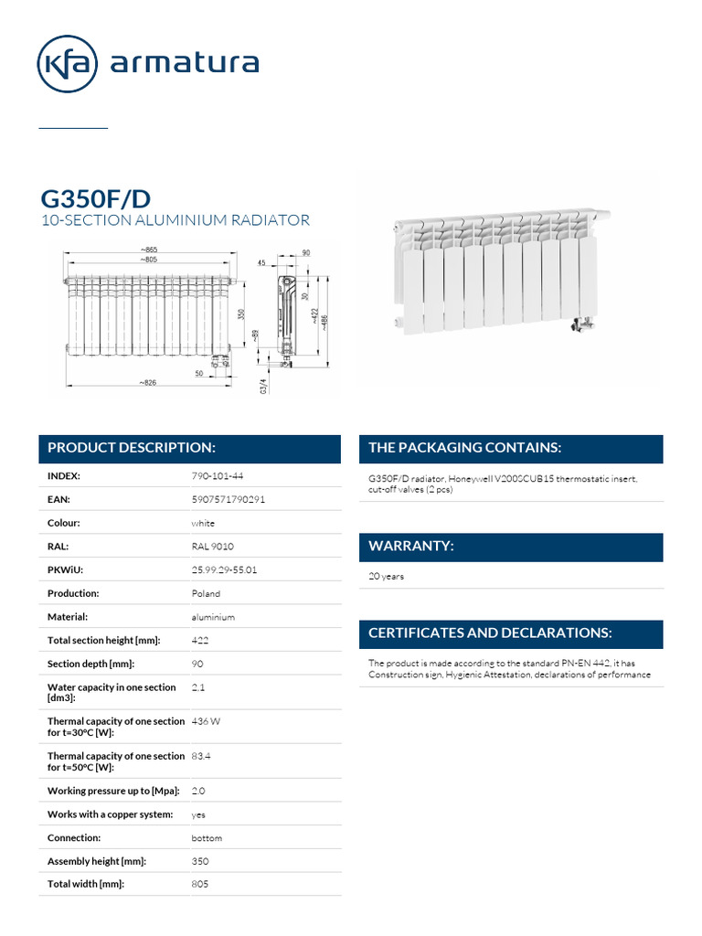 Product Sheet G350F D 10 Section Aluminium Radiator 790 101 44 | PDF