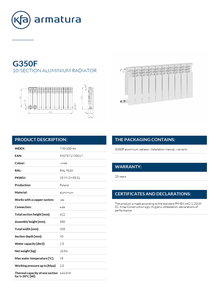 G350F Aluminium Radiator Specifications | PDF