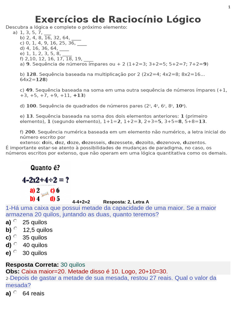 Exercícios de Raciocínio Lógico | PDF