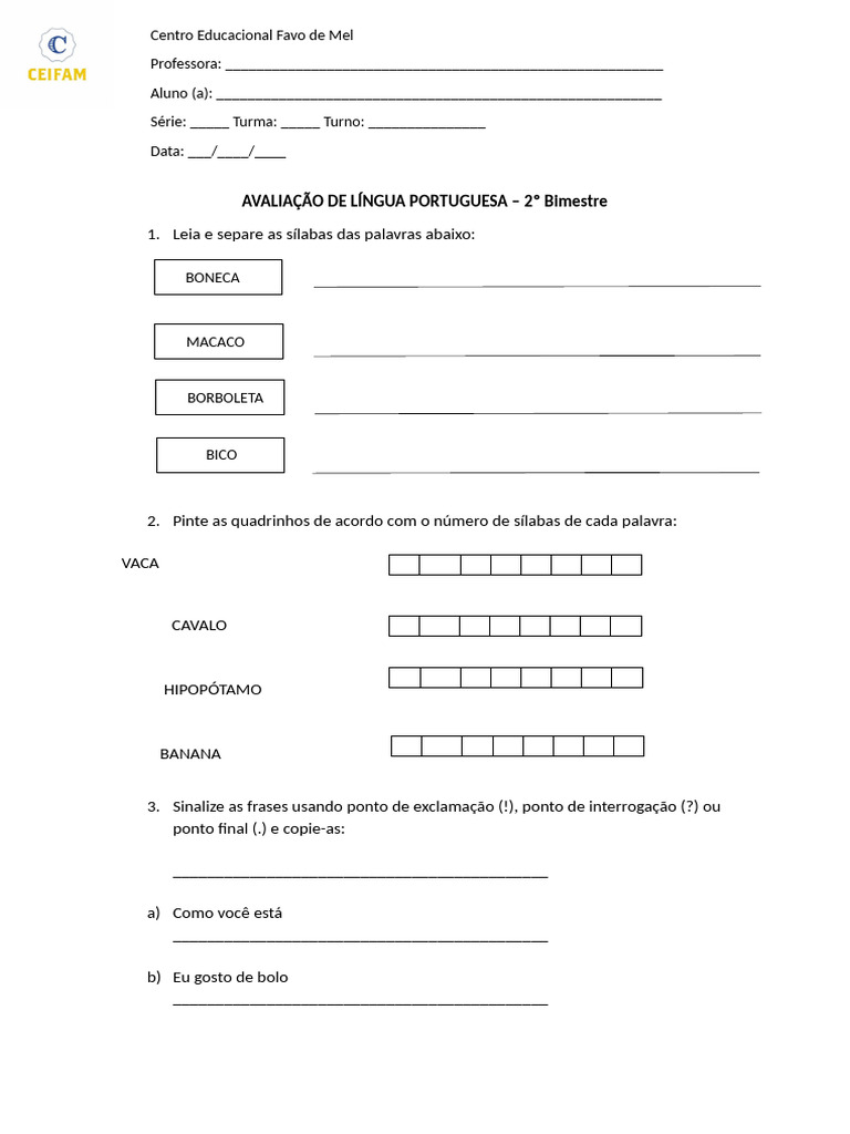 Avaliação de Língua Portuguesa 2º Ano | PDF
