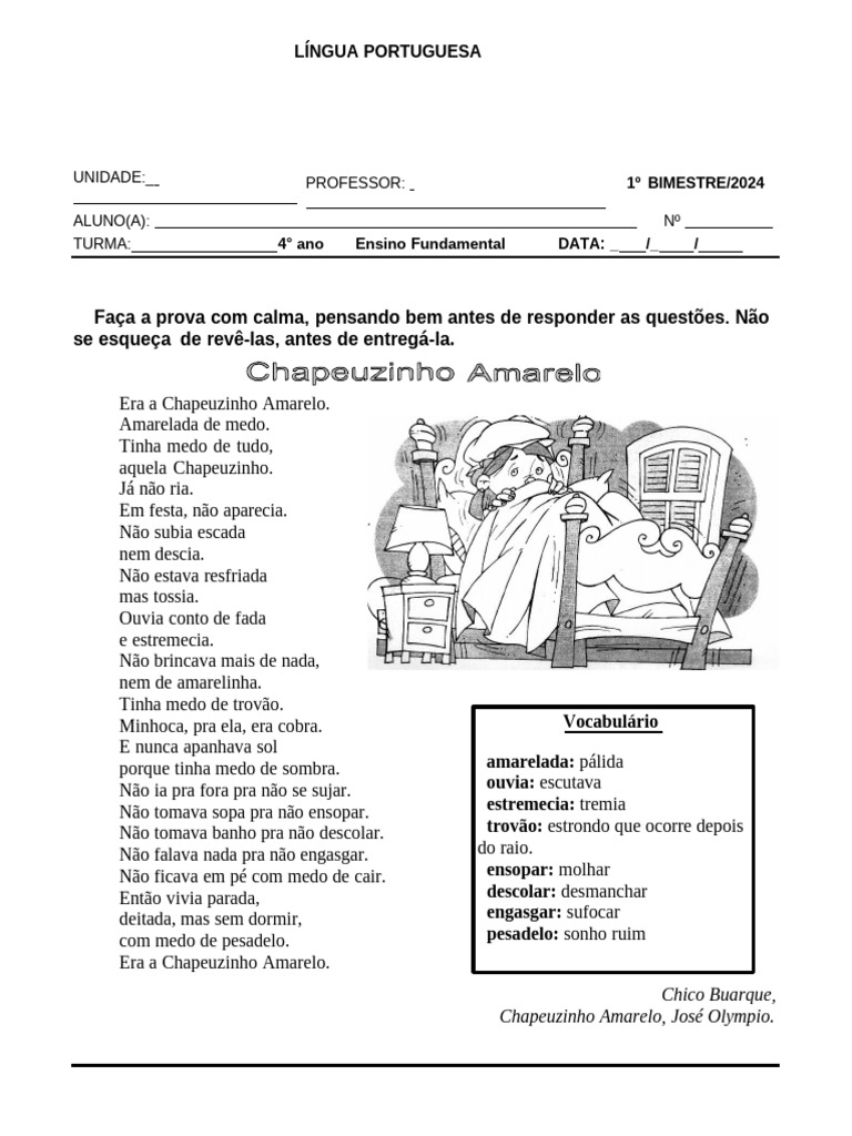 Prova de Língua Portuguesa 4º Ano | PDF