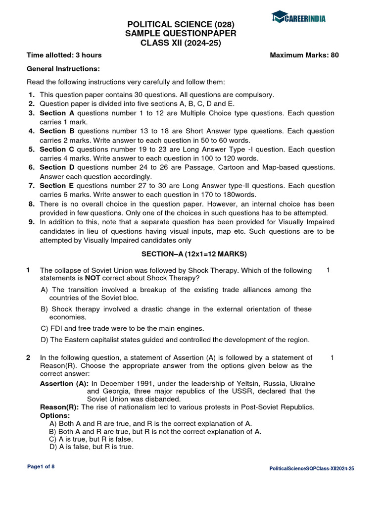 CBSE Class 12 Political Science Sample Paper 2024-25 | PDF | Soviet ...