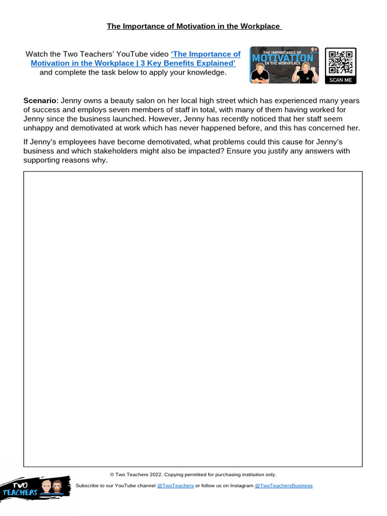 The Importance of Motivation in The Workplace Activity Worksheet | PDF
