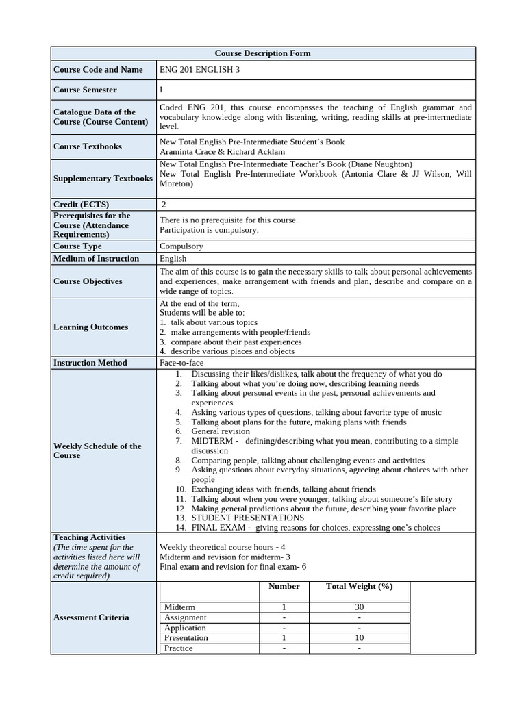 ENG 201: Pre-Intermediate English Course | PDF | Cognition | Human ...