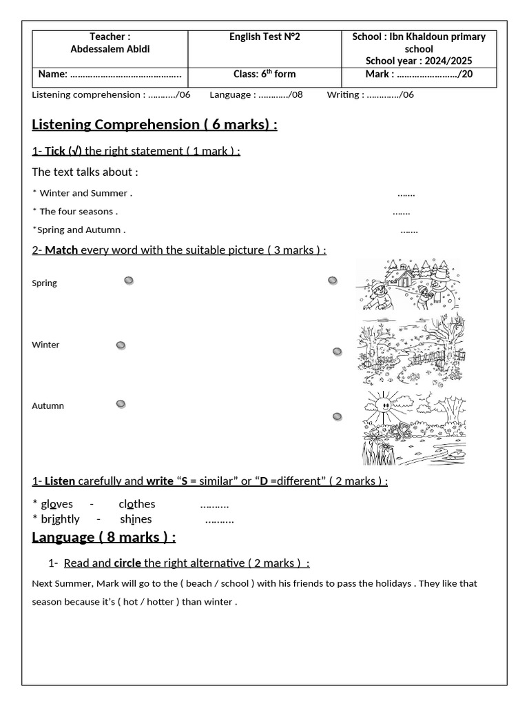 6th Grade English Test on Seasons | PDF | Language Mechanics | Syntax