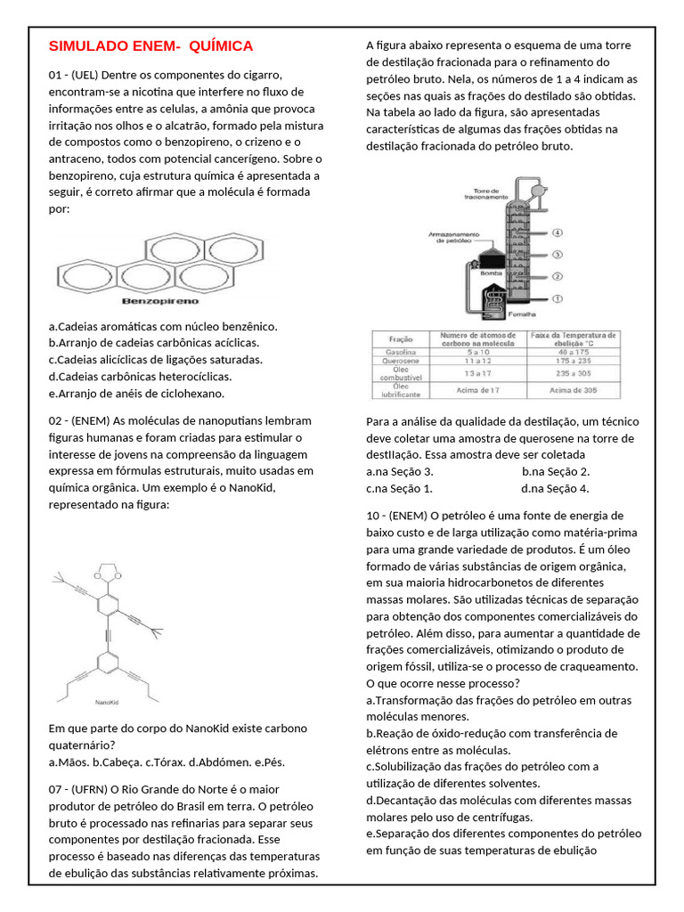 Questões de Química para Simulado ENEM | PDF | Petróleo | Química