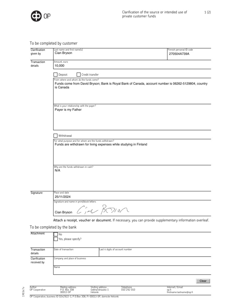 Customer Funds Source Clarification Form | PDF