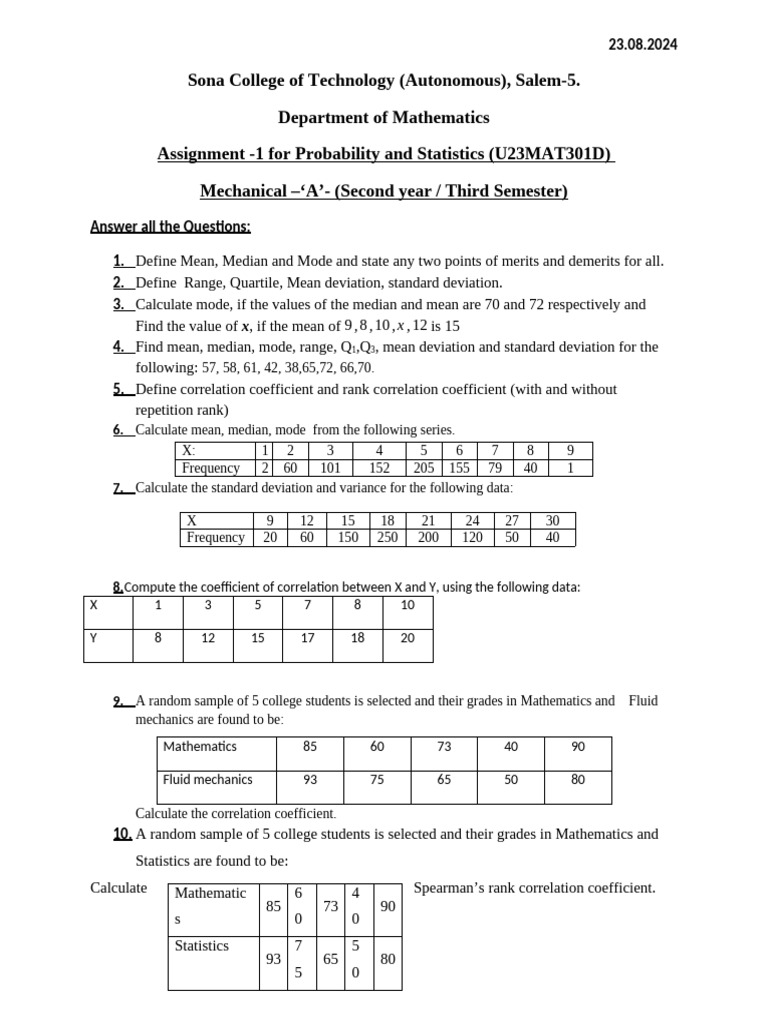 Probability & Statistics Assignment | PDF | Mode (Statistics) | Median