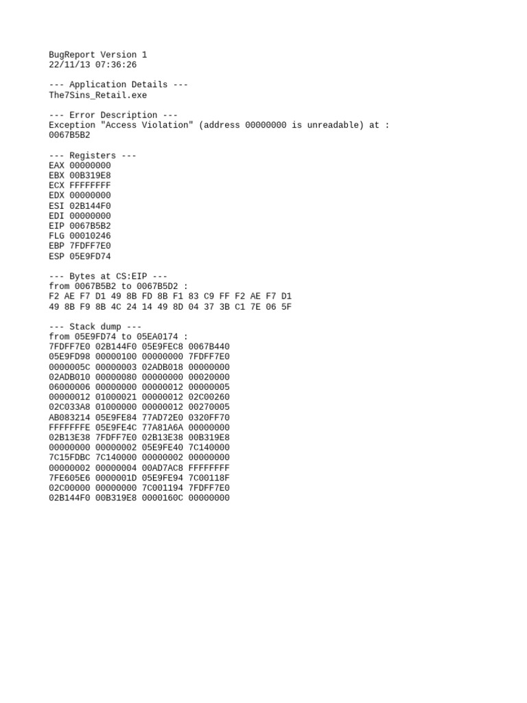 Access Violation Bug Report for The7Sins | PDF