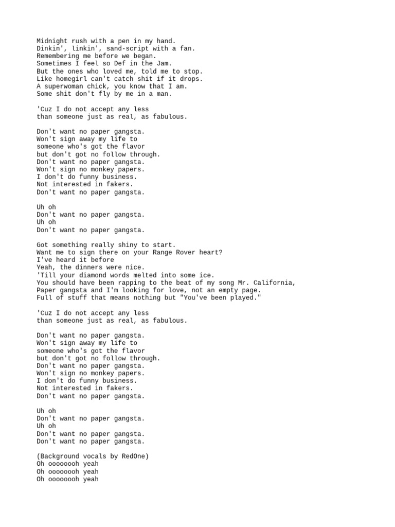 Lady Gaga 'Paper Gangsta' Lyrics | PDF