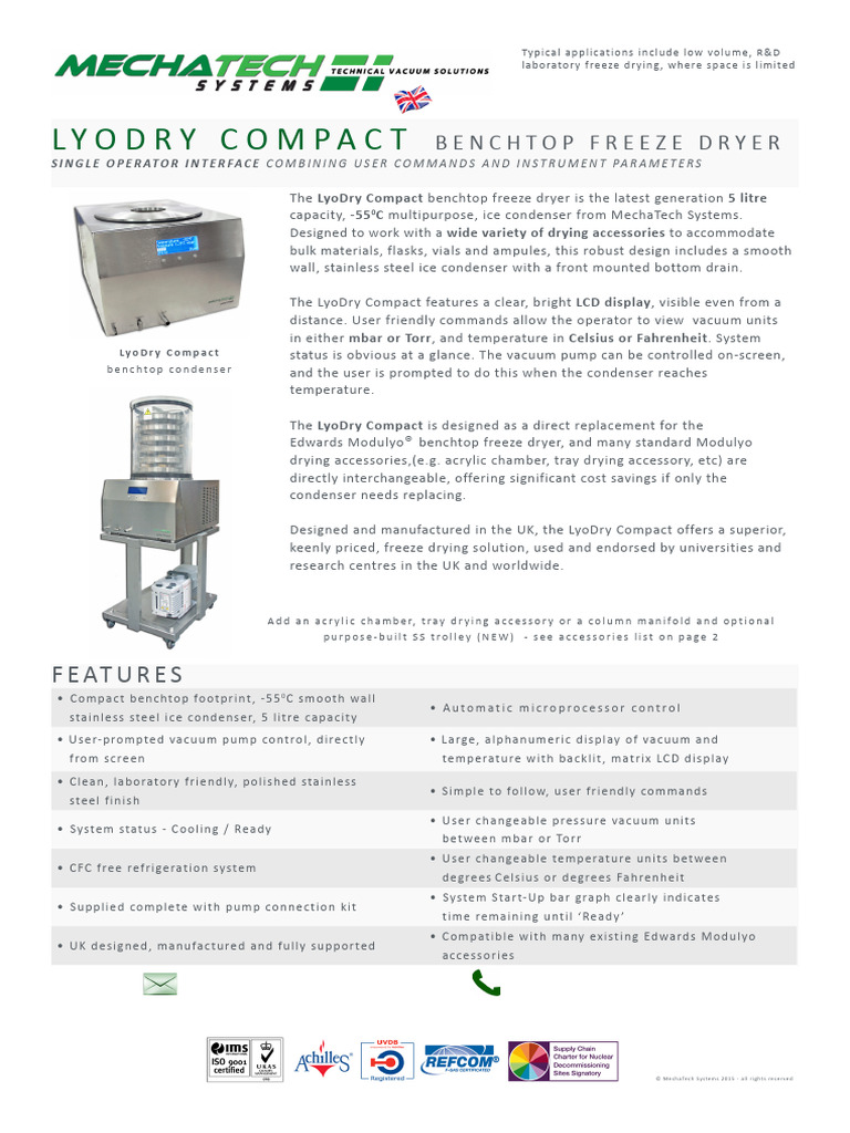 MechaTech Systems Freeze-Dryers Lyodry-Compact | PDF | Vacuum | Materials