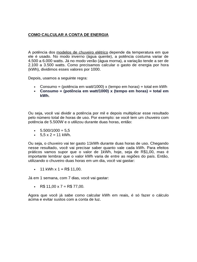 Como Calcular o Gasto de Energia do Chuveiro | PDF