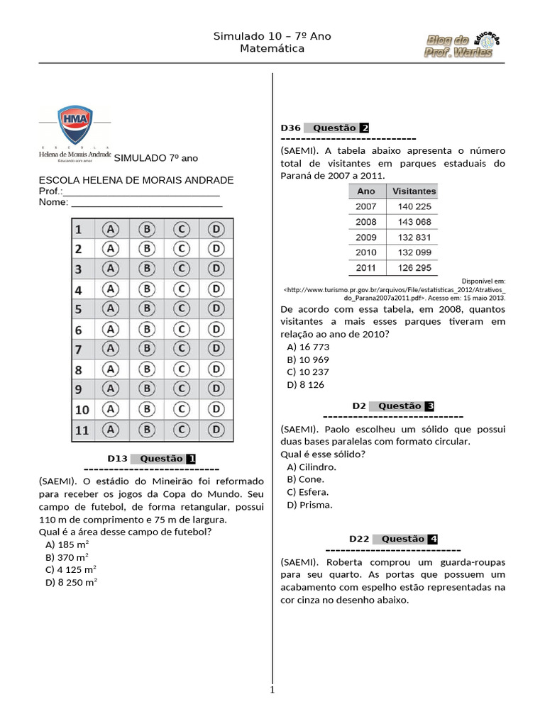 Simulado 10 Mat 7º Ano Bpw Pdf