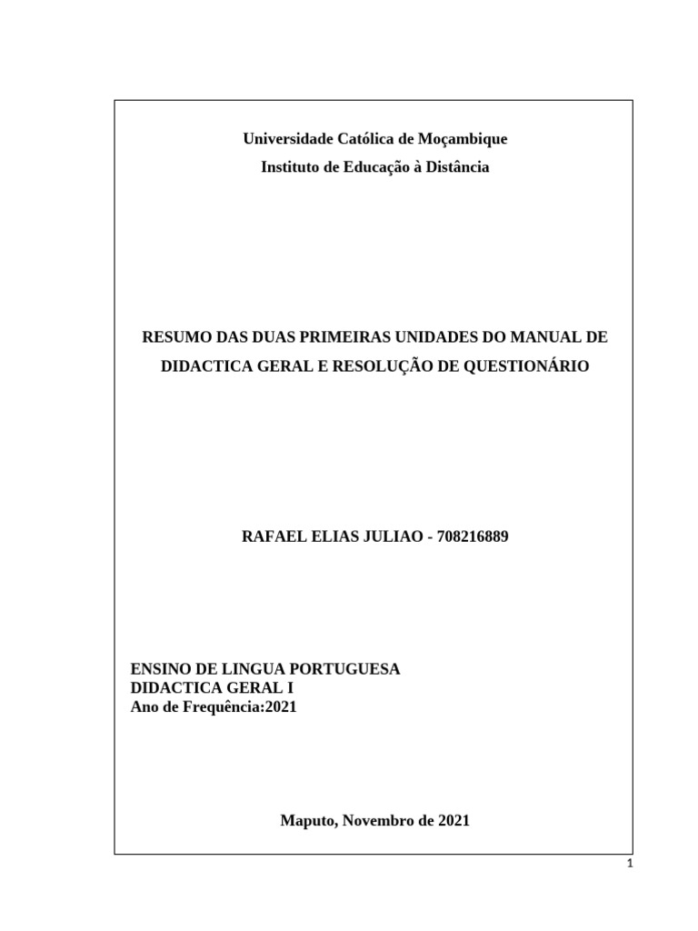 Resumo de Didática Geral I e Questionário | PDF | Pedagogia | Science