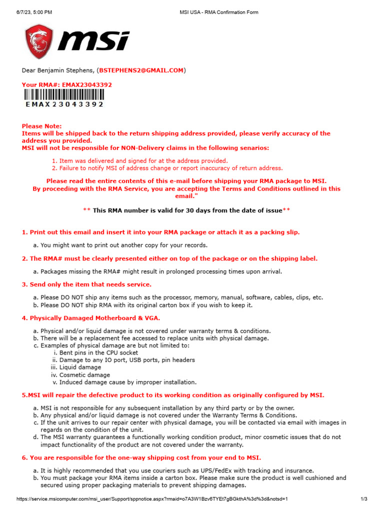 MSI RMA Confirmation for EMAX23043392 | PDF | Booting | Computer Science