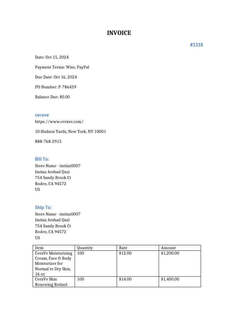 CeraVe Invoice #1318 - Payment Details | PDF