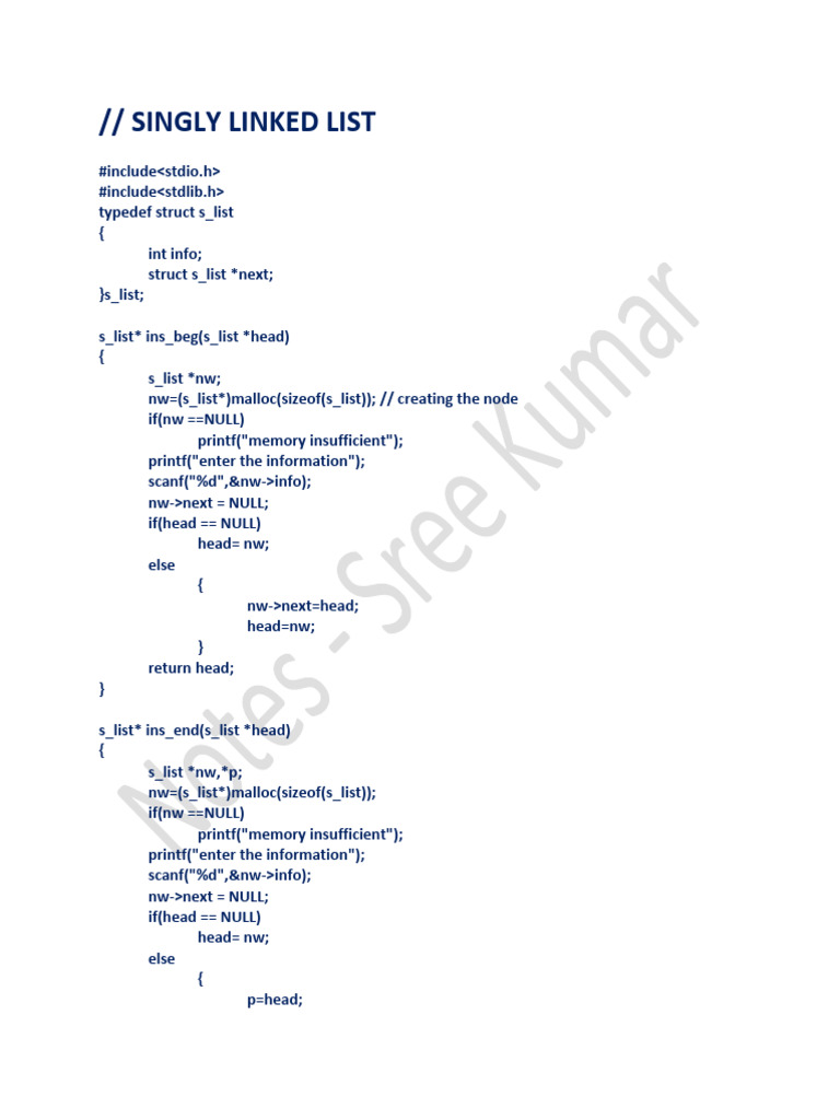 Singly Linked List Operations in C | PDF | Object Oriented Programming ...