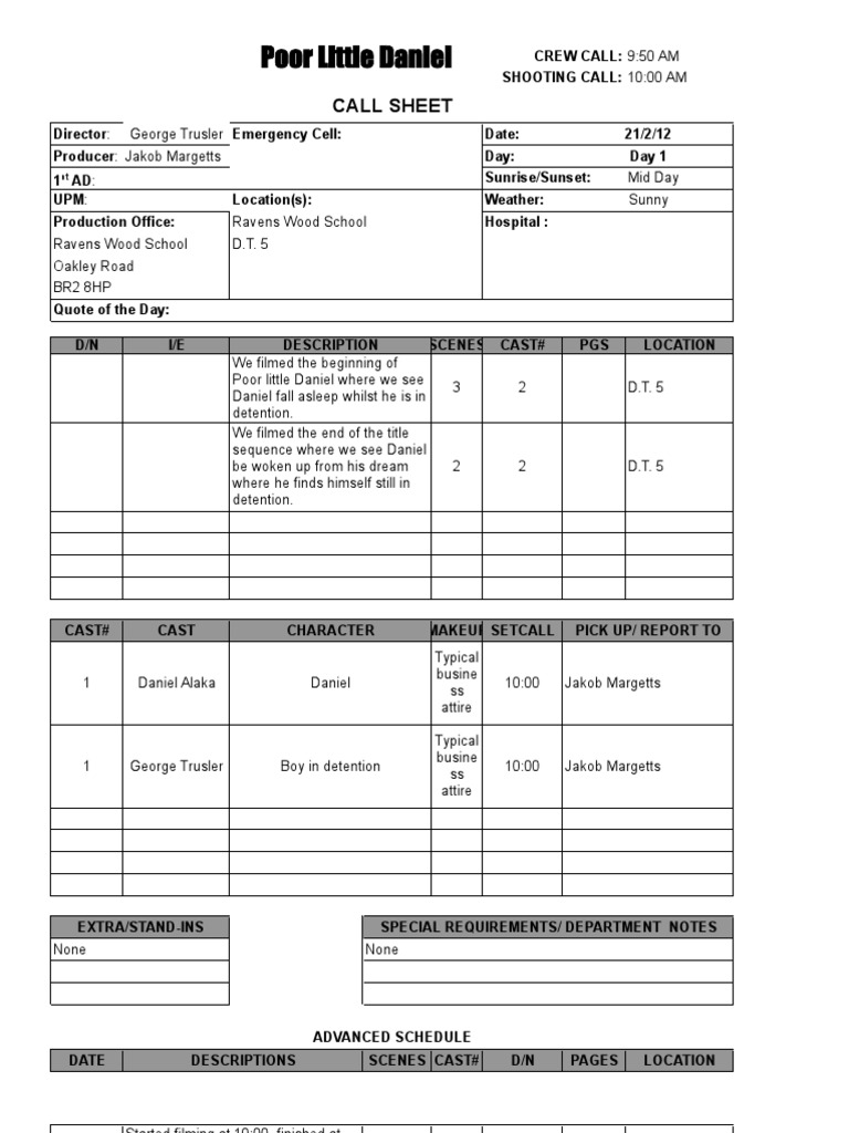 Call Sheet | PDF | Art