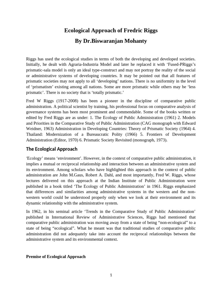 Fred Riggs' Ecological Approach Explained | PDF | System | Society