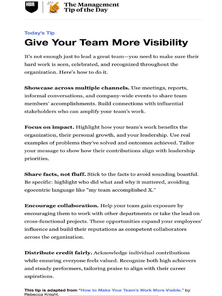 Give Your Team More Visibility - HBR MTD 28.01.25 | PDF