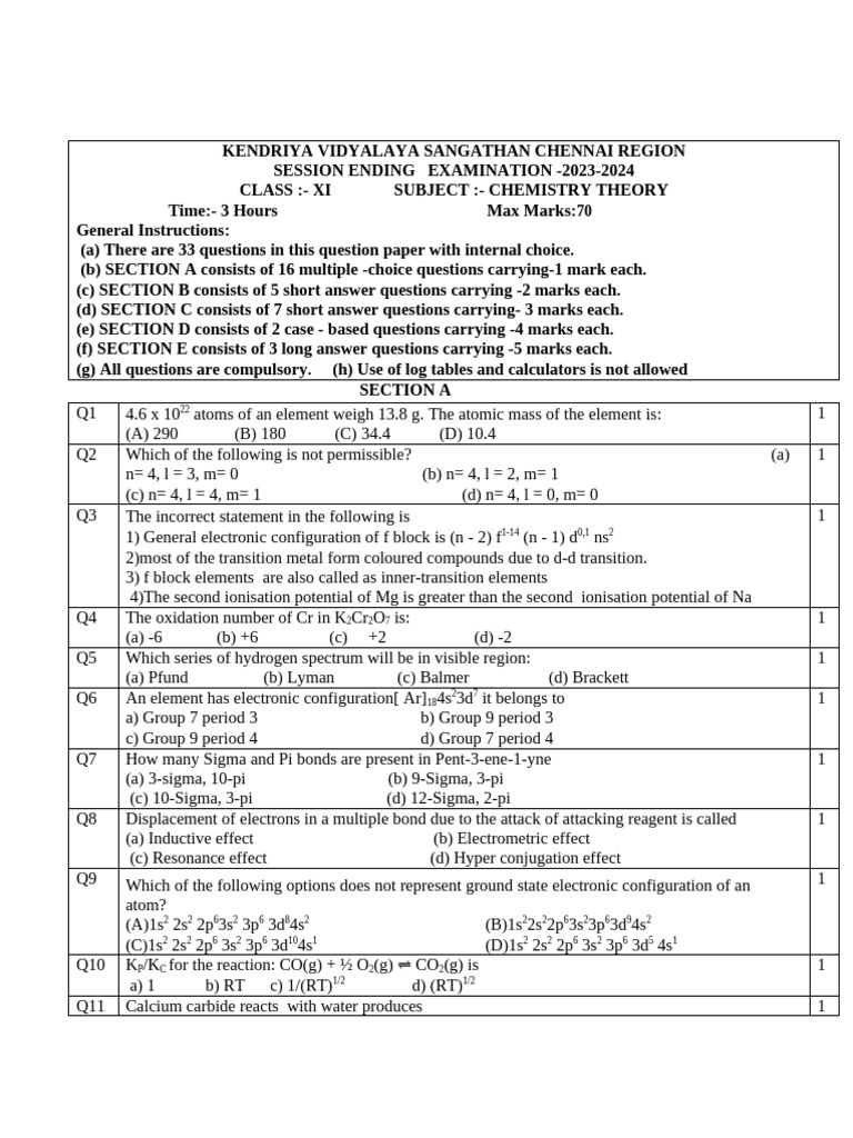 Class XI Chemistry Exam Paper 2023-24 | PDF | Chemical Reactions | Enthalpy
