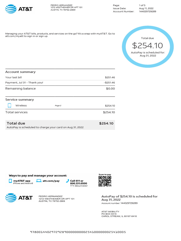 AT&T Wireless Bill Summary for August 2022 | PDF | Fee | At&T
