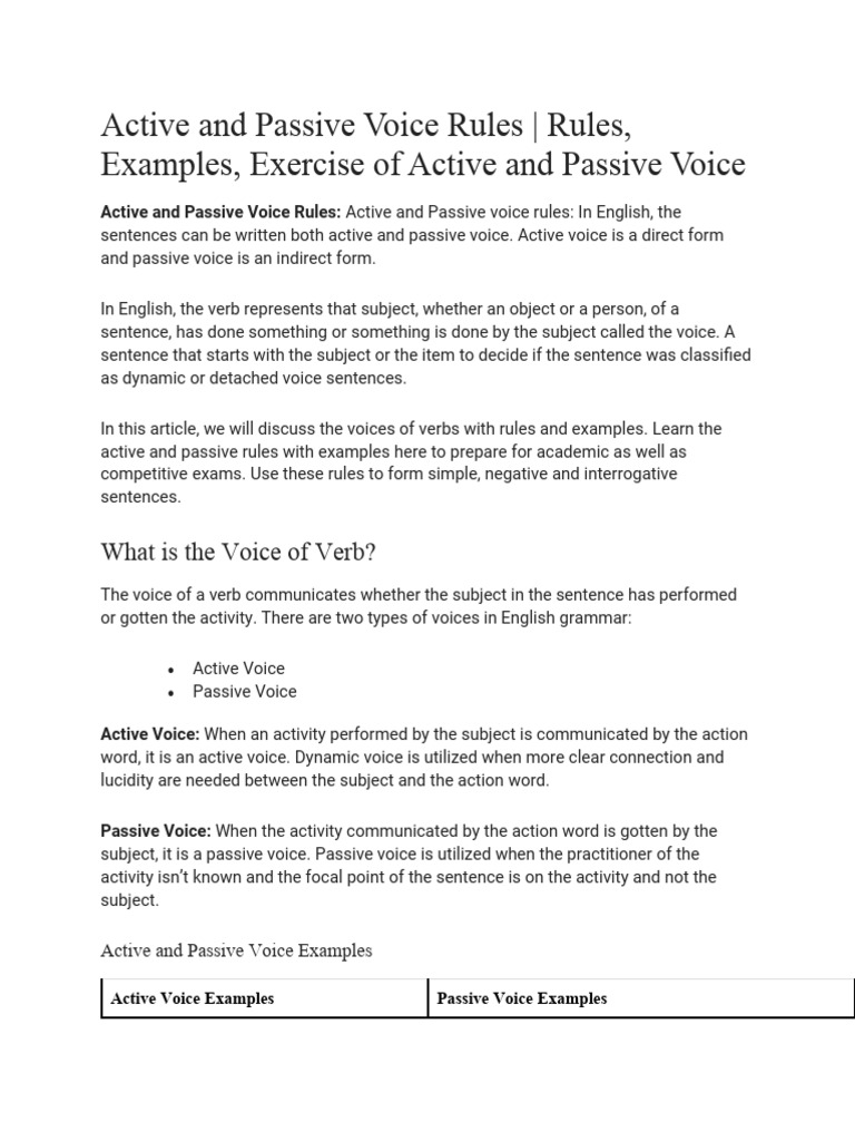 Active and Passive Voice Rules | PDF | Subject (Grammar) | Verb