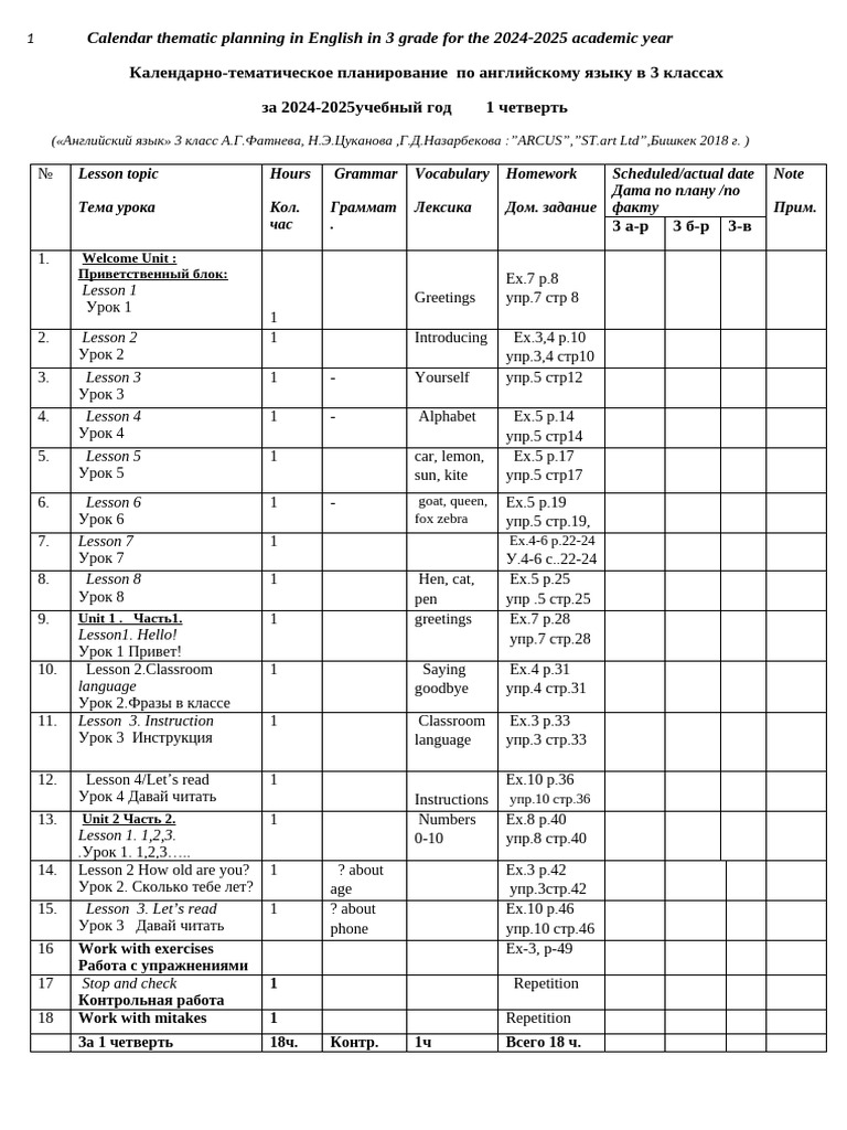 Calendar Thematic Planning in English in 3 Grade For The 2022 | PDF