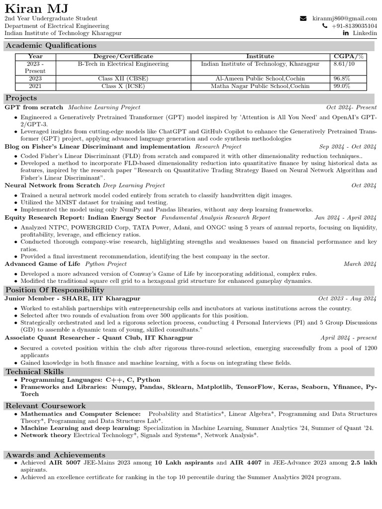 Kiran MJ Resume | PDF | Machine Learning | Deep Learning