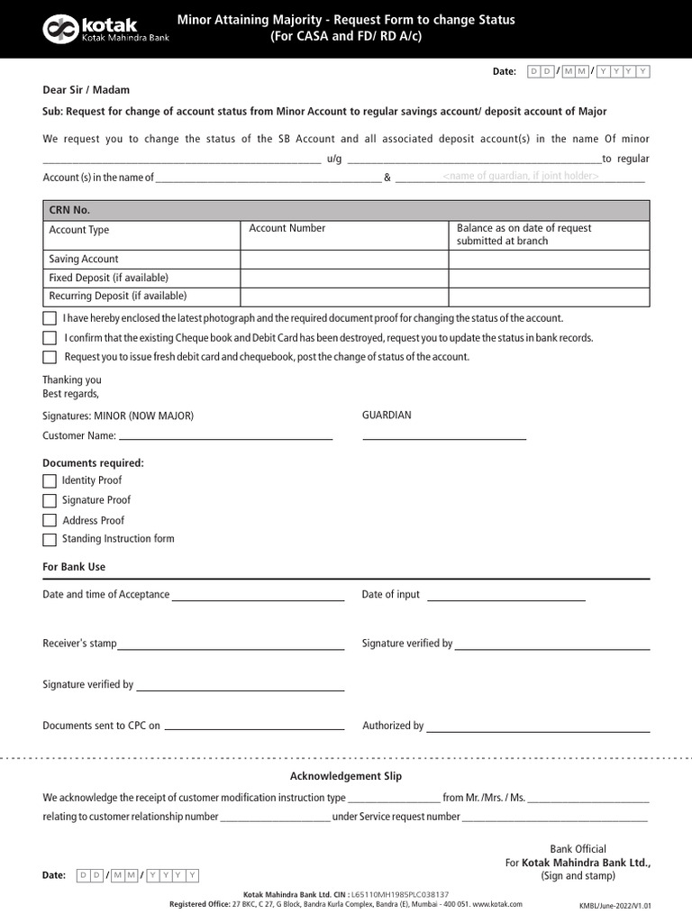 Minor to Major Account Status Change Form | PDF | Banks | Cheque