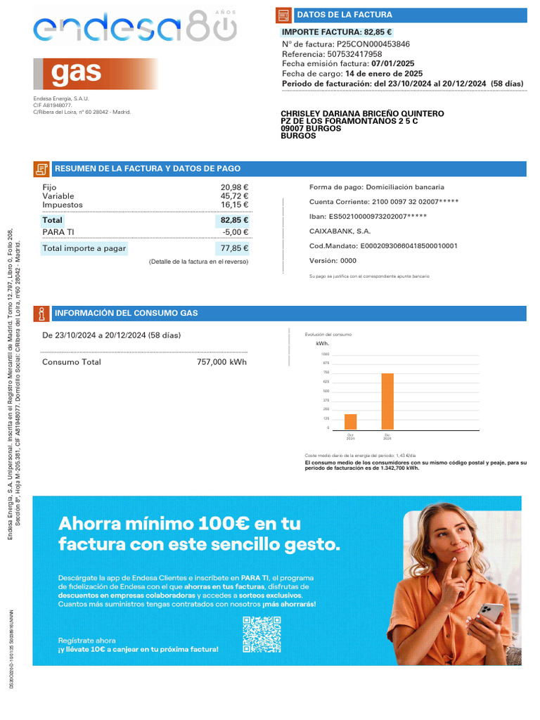 Factura de Gas Natural - Endesa 2025 | PDF | Poder (Física) | Energia ...