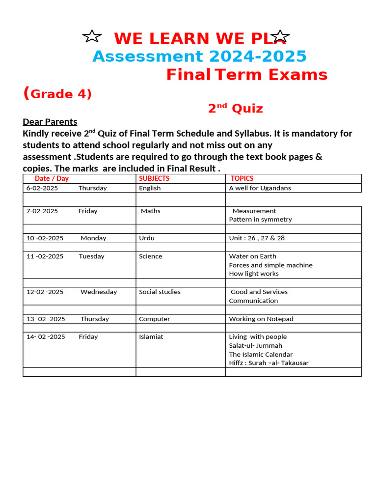 Grade 4 Final Term Exam Schedule 2025 | PDF