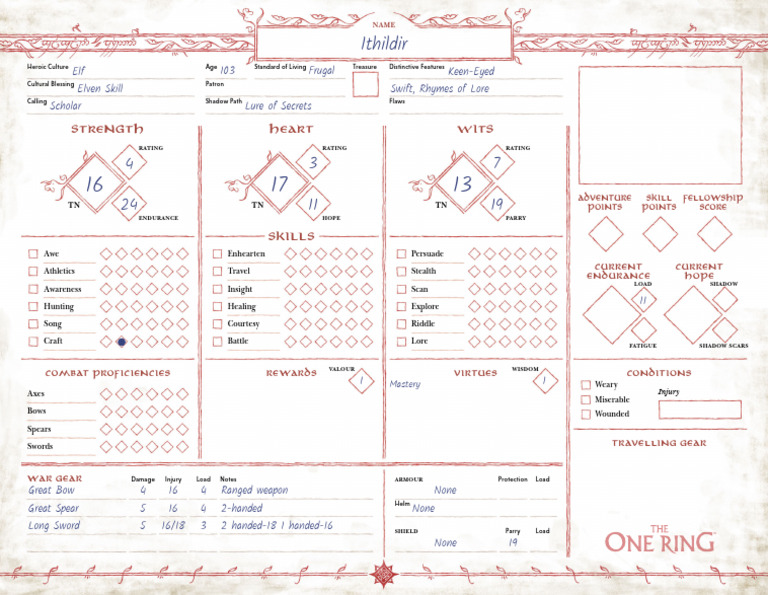 One Ring Filled Character Sheet | PDF