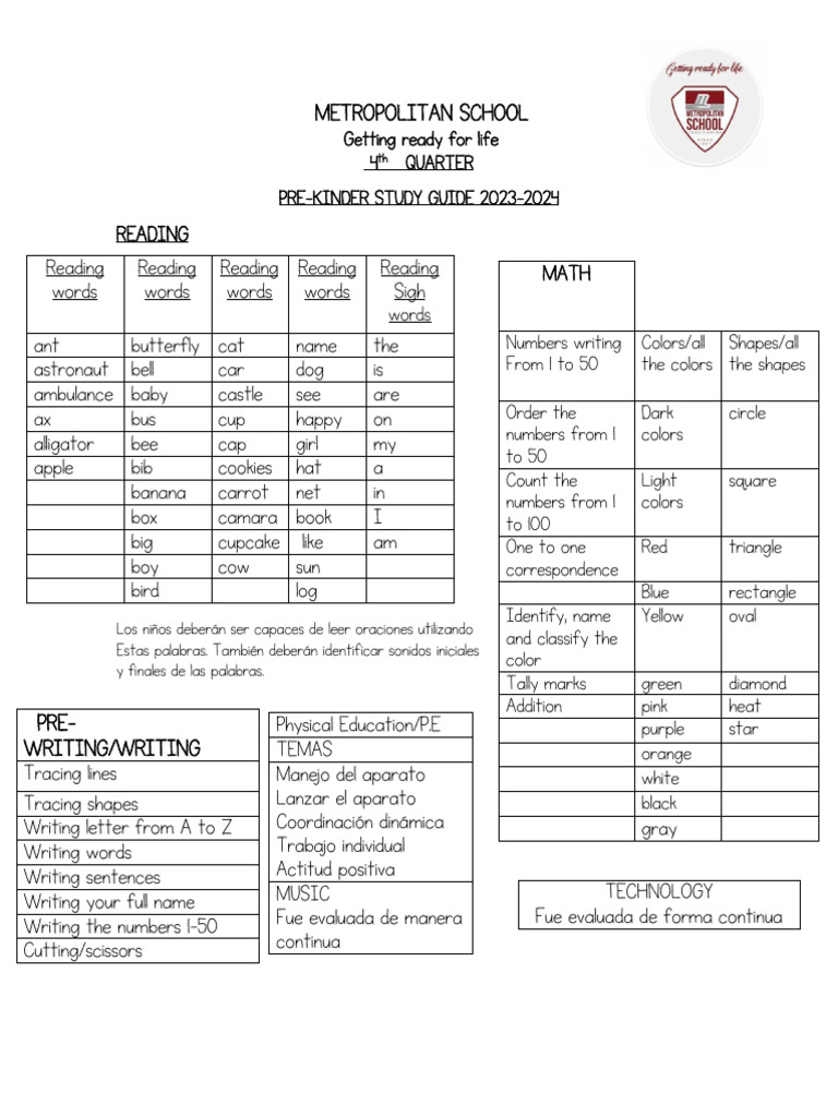 Guía de Estudio Pre-Kinder 2023-2024 | PDF