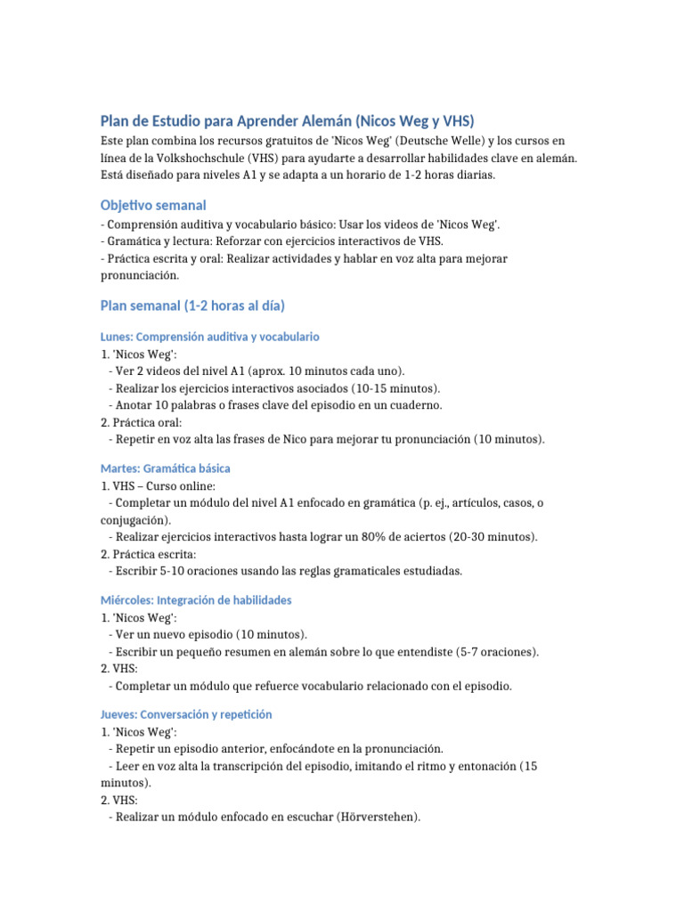 Plan de Estudio para Aprender Alemán A1 | PDF | Comunicación humana ...