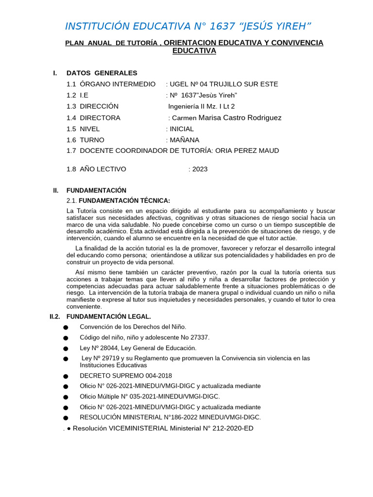 Plan de Tutoria 1637 - 2023 | PDF | Institución | Abuso infantil