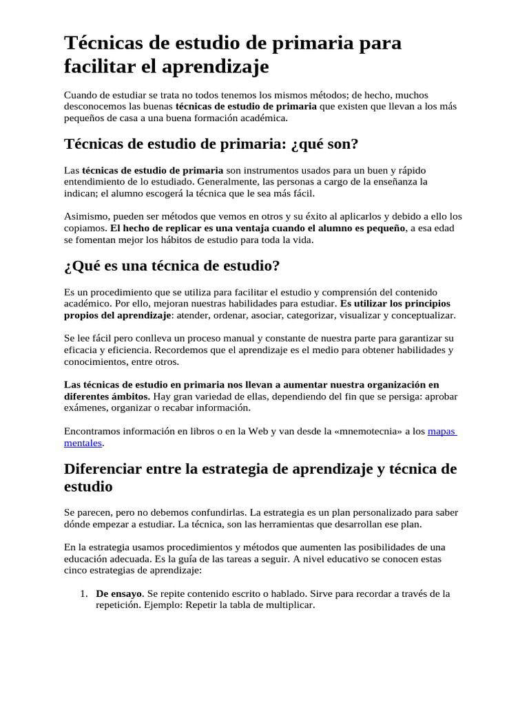 Técnicas de Estudio para Primaria | PDF | Habilidades de estudio ...