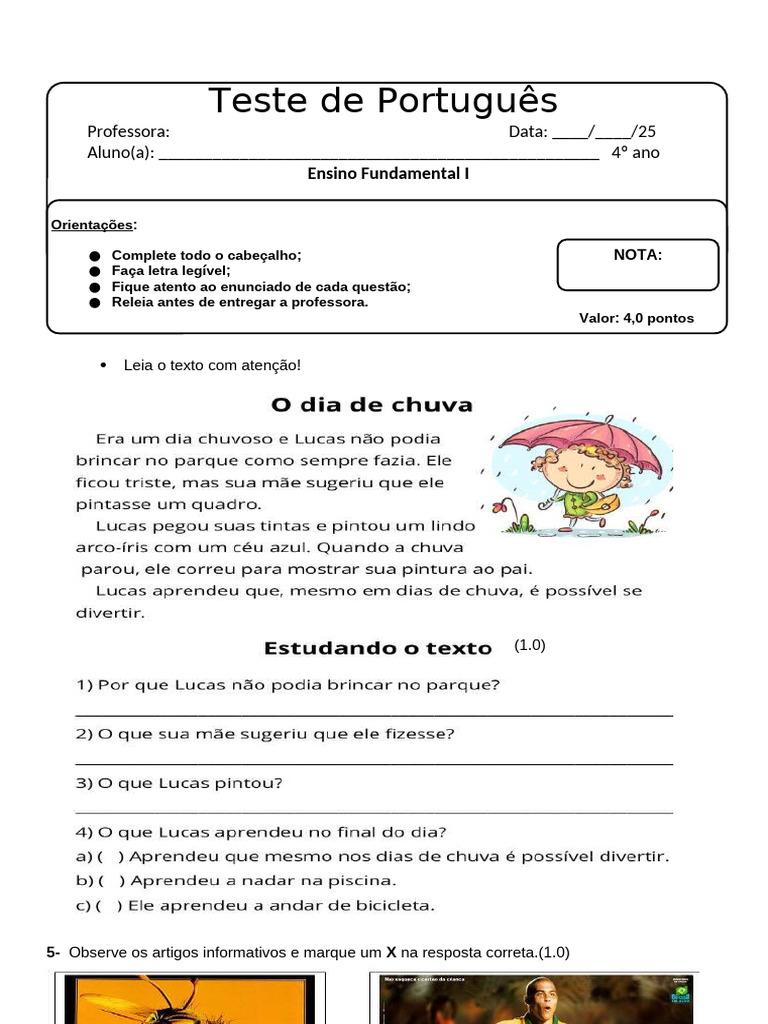 Teste de Português - 4º Ano | PDF