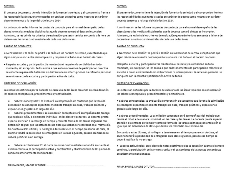 Pautas de Conducta y Evaluación 2024 | PDF | Aprendizaje