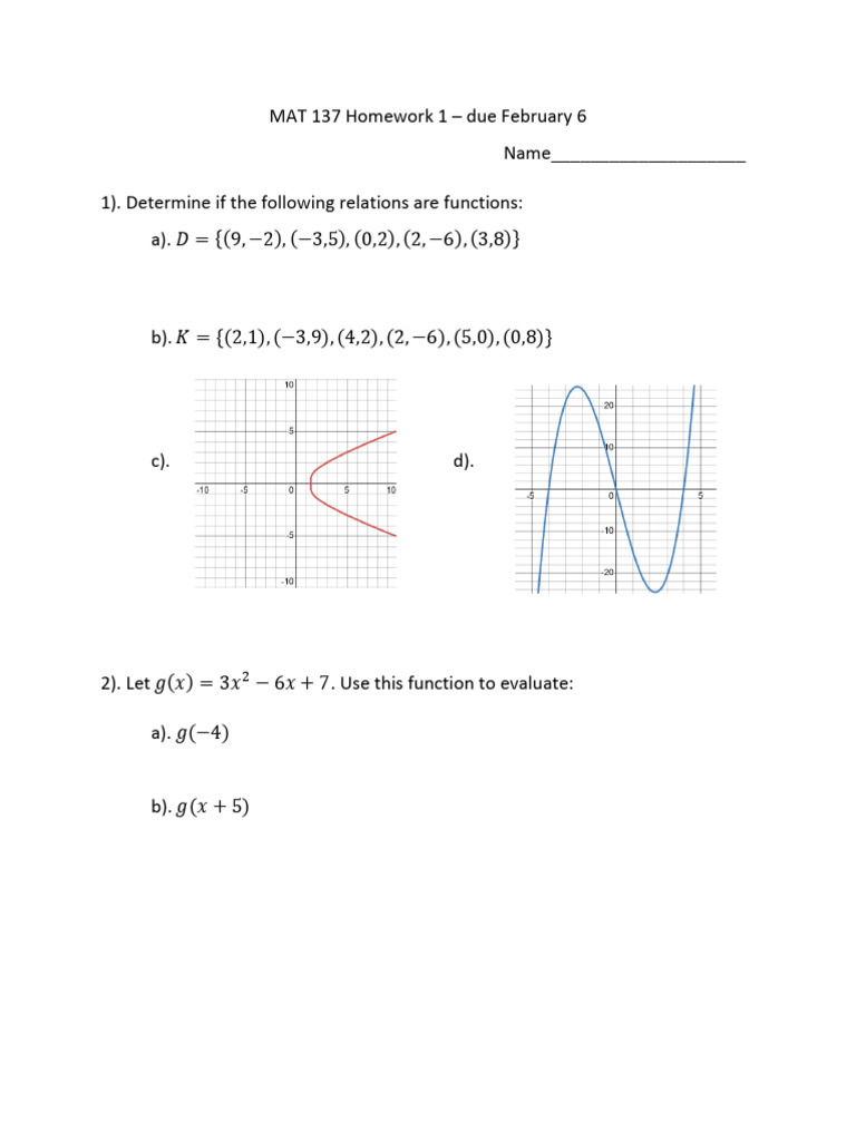 MAT 137 Homework 1: Functions & Graphs | PDF